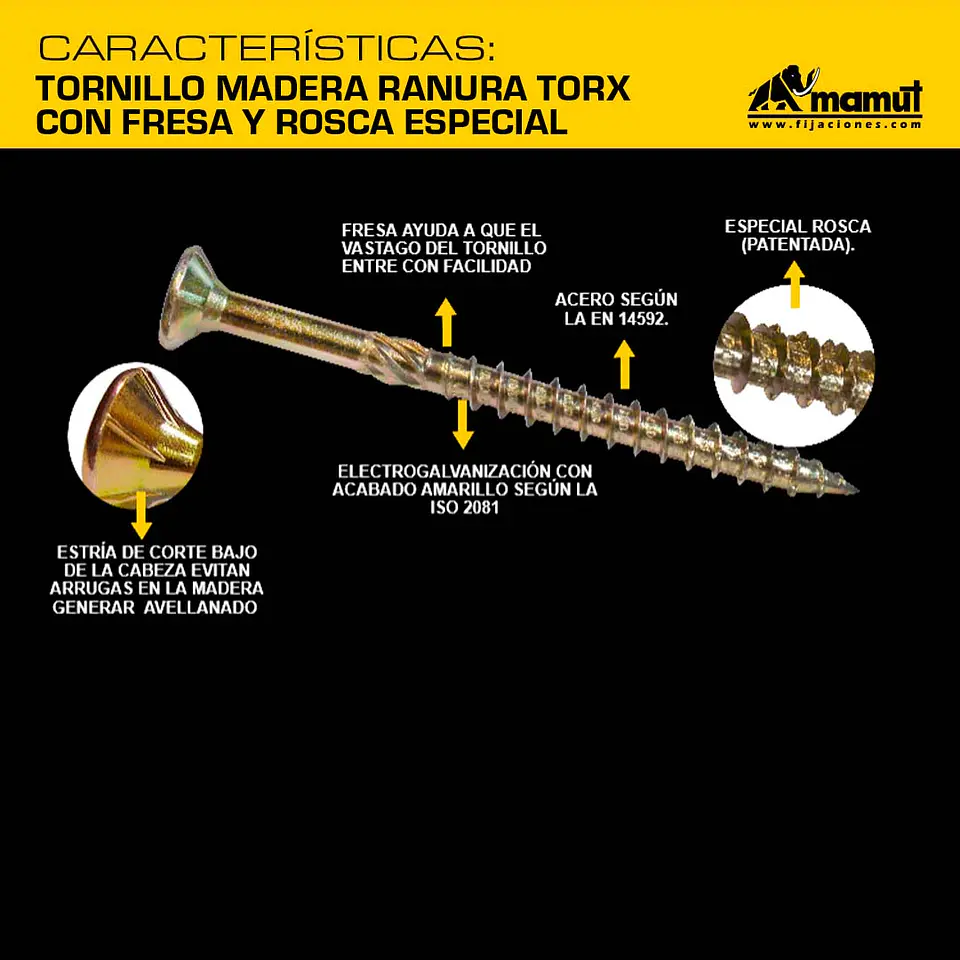 Tornillo Madera Ranura Torx con Fresa y Rosca Especial 6.0 x 100/60 Mamut · Caja de 100 un. 2