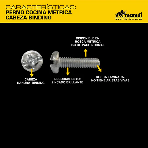 Perno Cocina Rosca Métrica Cabeza Binding M4-0.7 x 20mm Mamut · Caja de 100 un.