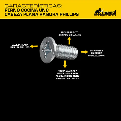 Perno Cocina Unc Cabeza Plana Ranura Phillips #10-24 (3/16") x 1" Mamut · Caja de 100 un.