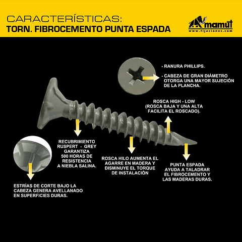 Tornillo Avellanante Fibrocemento / Internit Punta Espada #10 x 1 3/4" Mamut · Caja de 100 un.