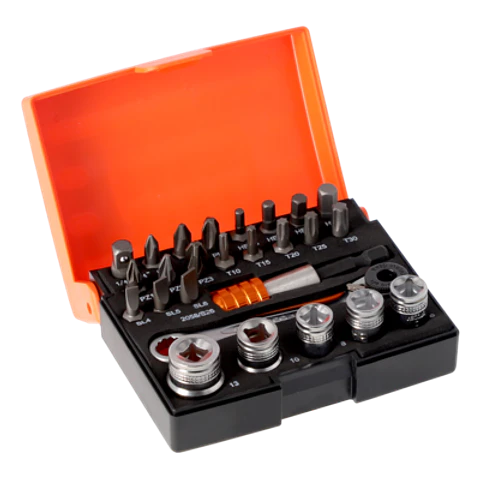 Juego de puntas y vasos estándar de 1/4" para tornillos ranurados/Phillips/Pozidriv/TORX®/hexagonales: 26 unidades Bahco 2058/S26