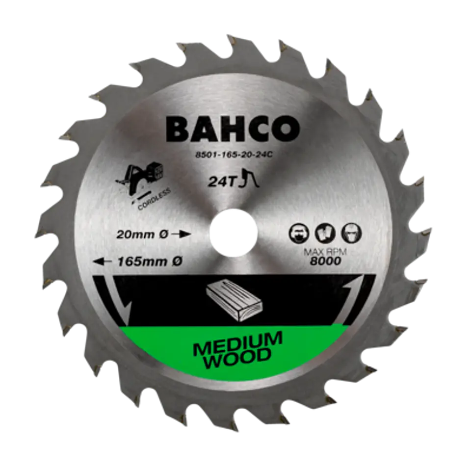 Hoja de sierra circular con 24 dientes para sierras inalámbricas en madera de 165 mm x 20 mm Bahco 8501-165-20-24C 1