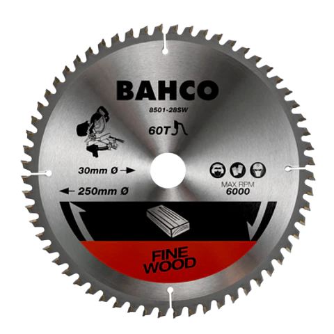 Hoja de sierra circular con punta de carburo cementado con 48 dientes y dentado fino de 0° para materiales de madera de 216 mm Bahco