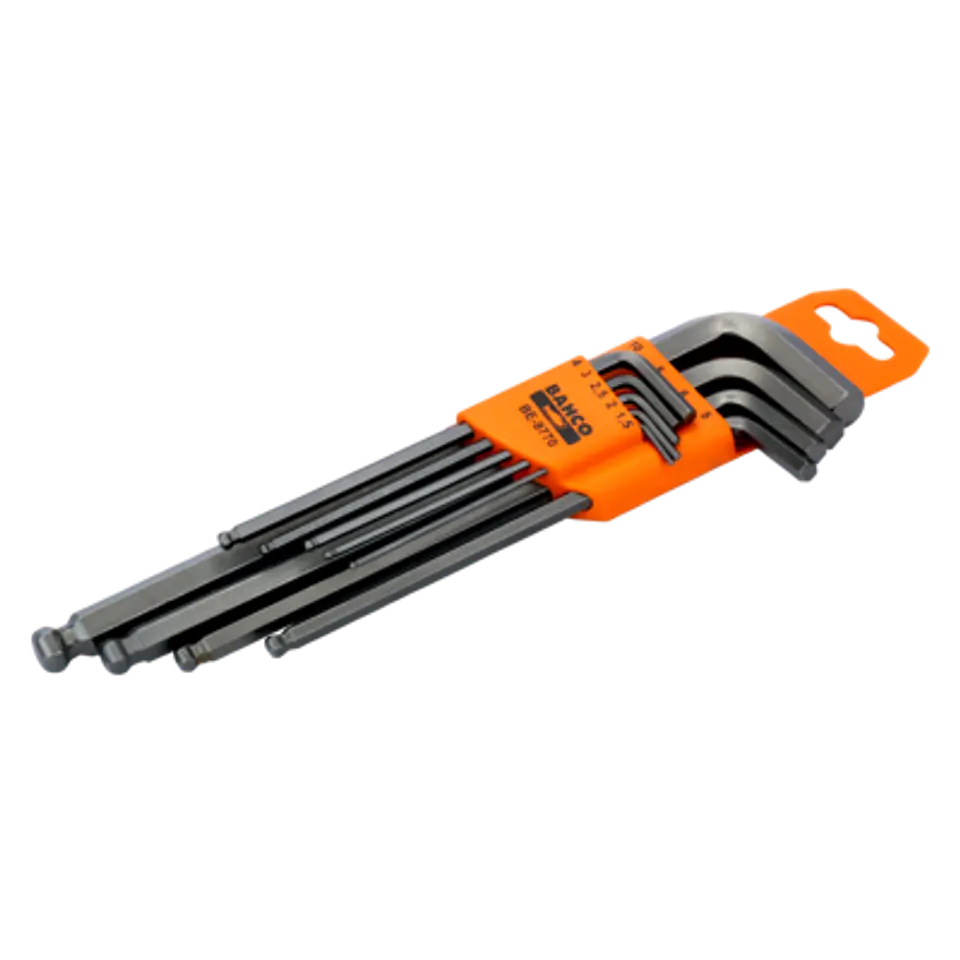 Juego de 9 llaves tipo allen hexagonales con bola serie larga métrica con acabado fosfatado, 1,5 mm-10 mm Bahco BE-9770 1