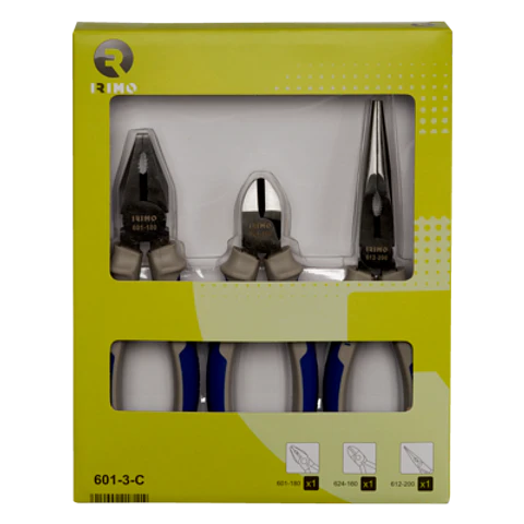 Juego de 3 alicates, alicates universales de 180 mm, alicates de corte de 160 mm y alicates de boca semirredonda de 200 mm Irimo 601-3-C
