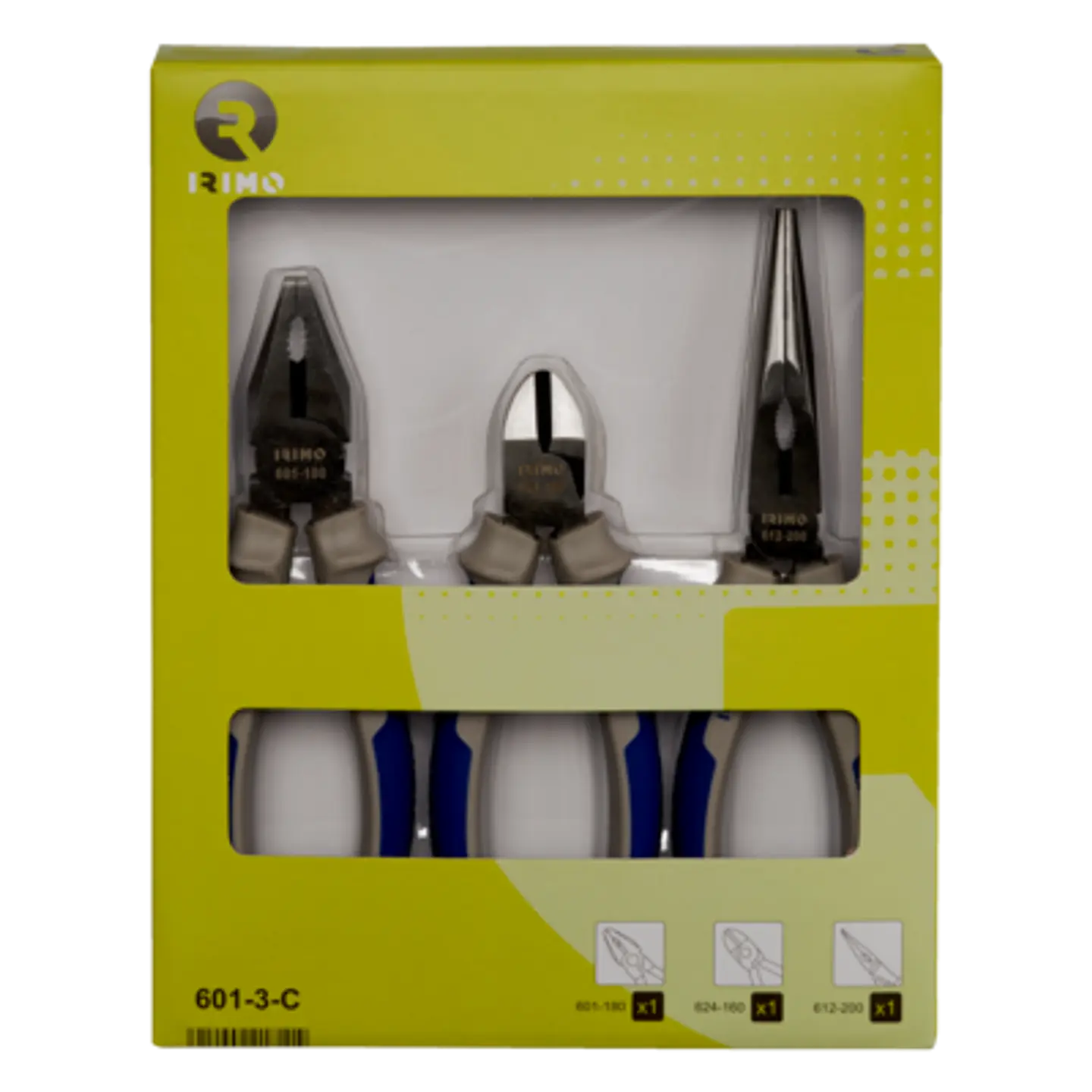 Juego de 3 alicates, alicates universales de 180 mm, alicates de corte de 160 mm y alicates de boca semirredonda de 200 mm Irimo 601-3-C 1
