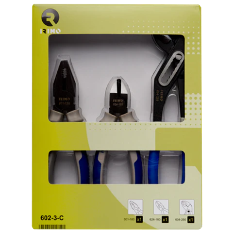 Juego de 3 alicates, alicates universales de 180 mm, alicates de corte de 160 mm y tenacilla articulada de 250 mm Irimo 602-3-C