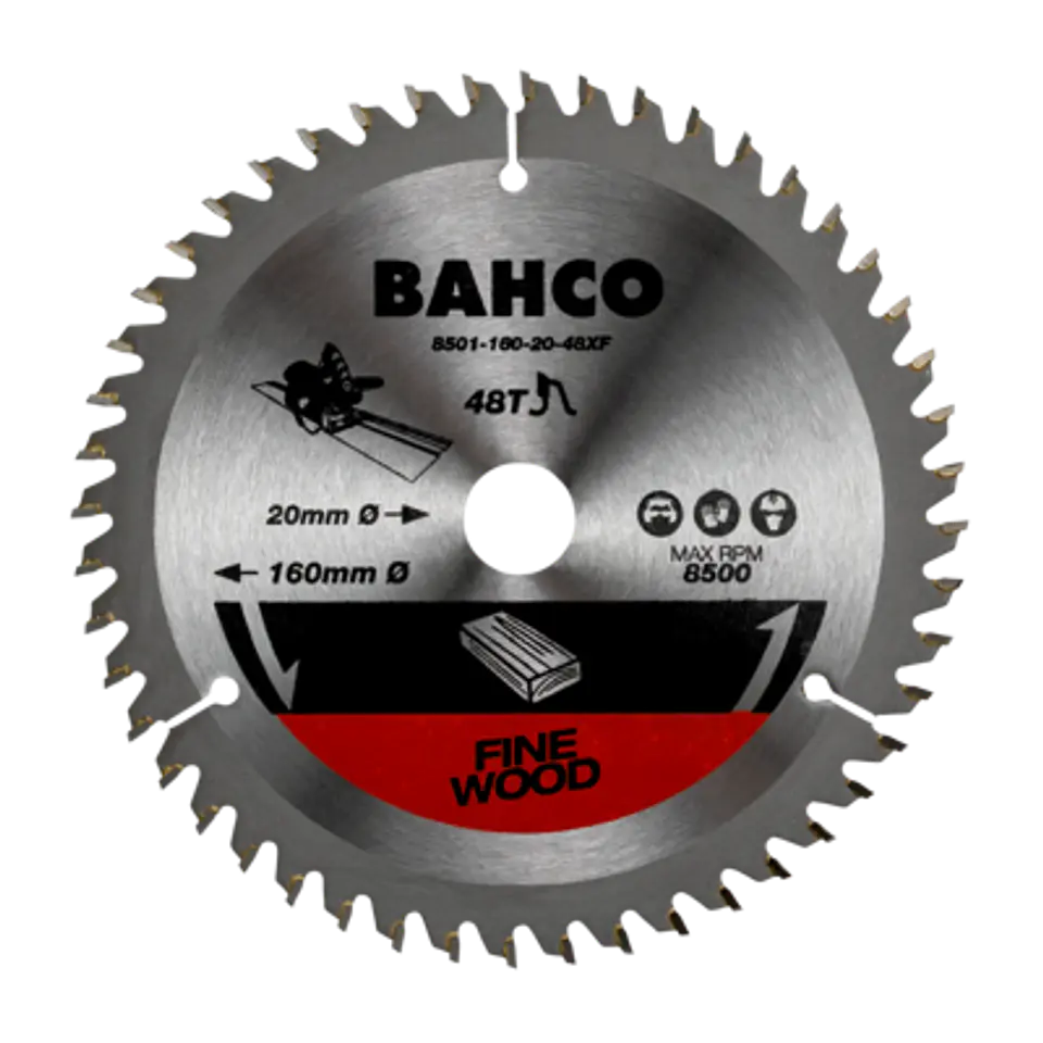 Hoja de sierra circular con 48 dientes para sierras de inmersión en madera de 165 mm x 20 mm Bahco 8501-165-20-48XF 1