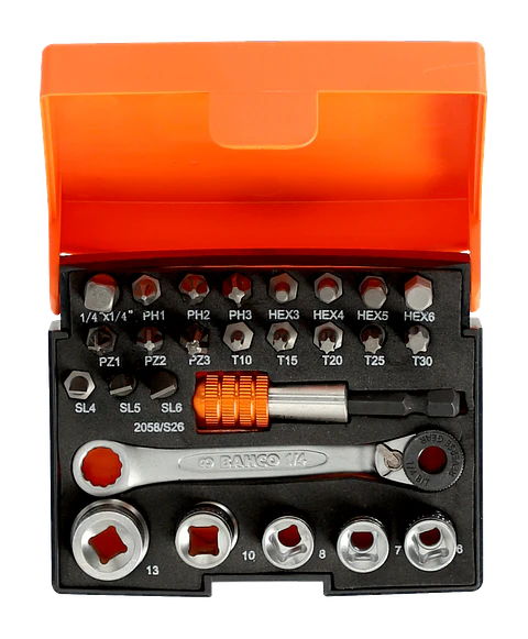 Juego de puntas y vasos estándar de 1/4" para tornillos ranurados/Phillips/Pozidriv/TORX®/hexagonales: 26 unidades Bahco 2058/S26