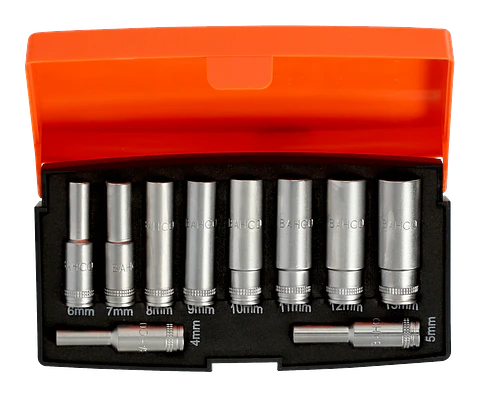 Juego de vasos serie larga con cuadradillo de 1/4" y perfil bi-hexagonal métrico (10 unidades) Bahco S0810L