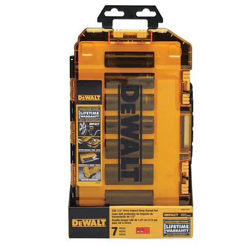 1/2 Set Dados de Impacto Largos 6 Pt DeWalt - 7 Piezas SAE 9/16, 5/8, 11/16, 3/4, 7/8, 15/16, 1