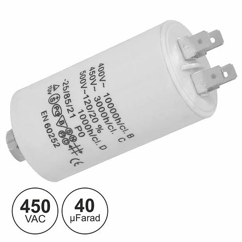CONDENSADOR ARRANQUE 40uF 450V + TERRA