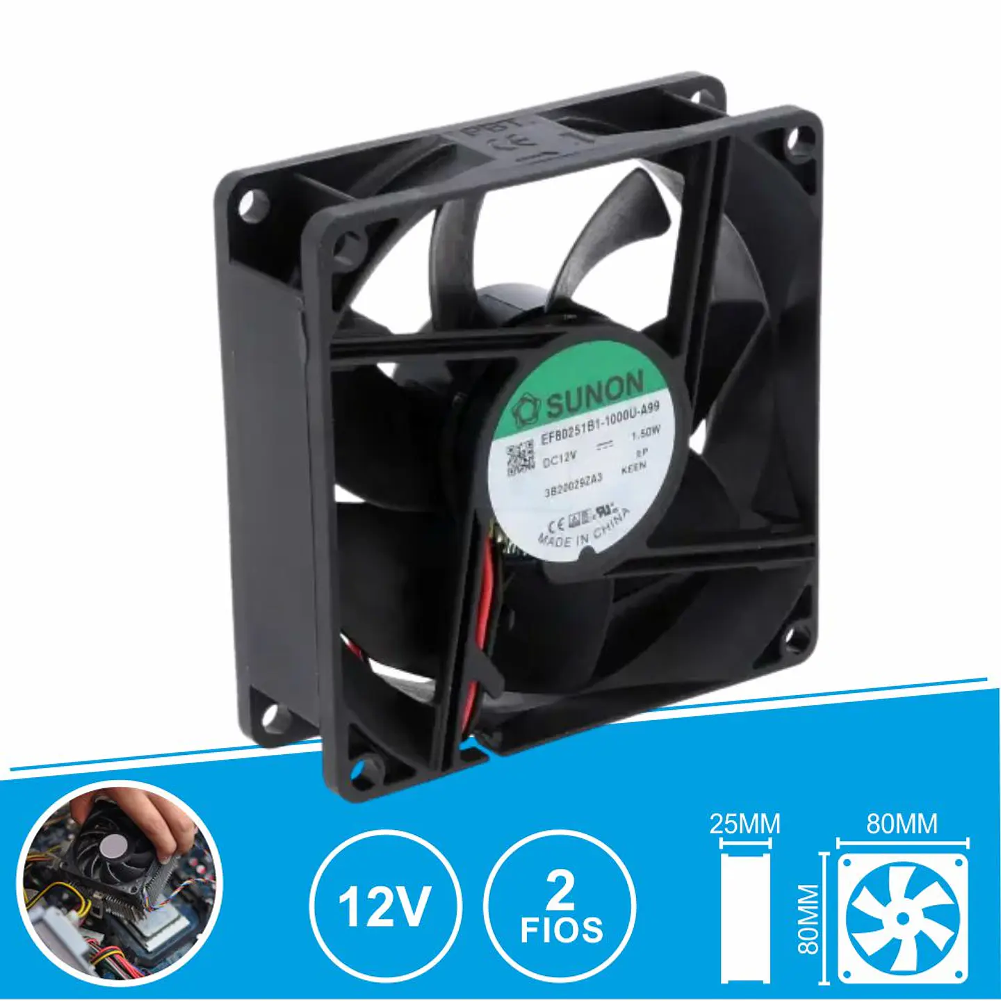 Ventoinha 12VDC 80x80x25mm 2 Fios EF80251B1-1000U-A99 SUNON 1