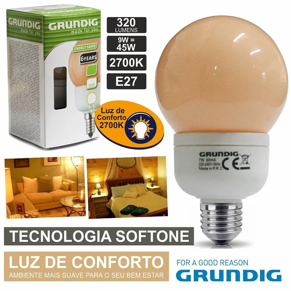 LÂMPADA E27 9W=45W 230V ECO TEC. SOFTONE 320LM GRUNDIG 1