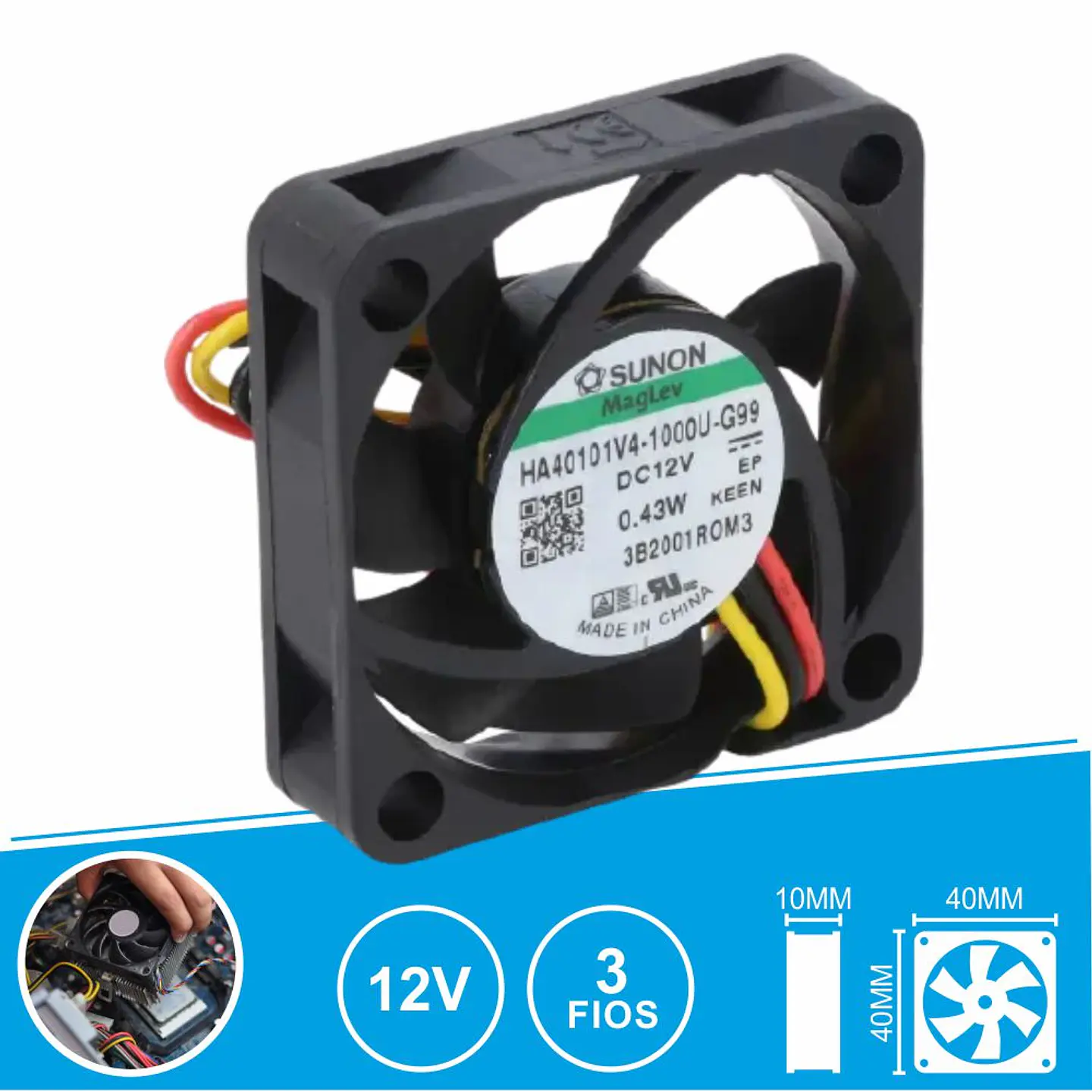 Ventoinha 12VDC 40x40x10mm 3 Fios HA40101V4-1000U-G99 SUNON 1