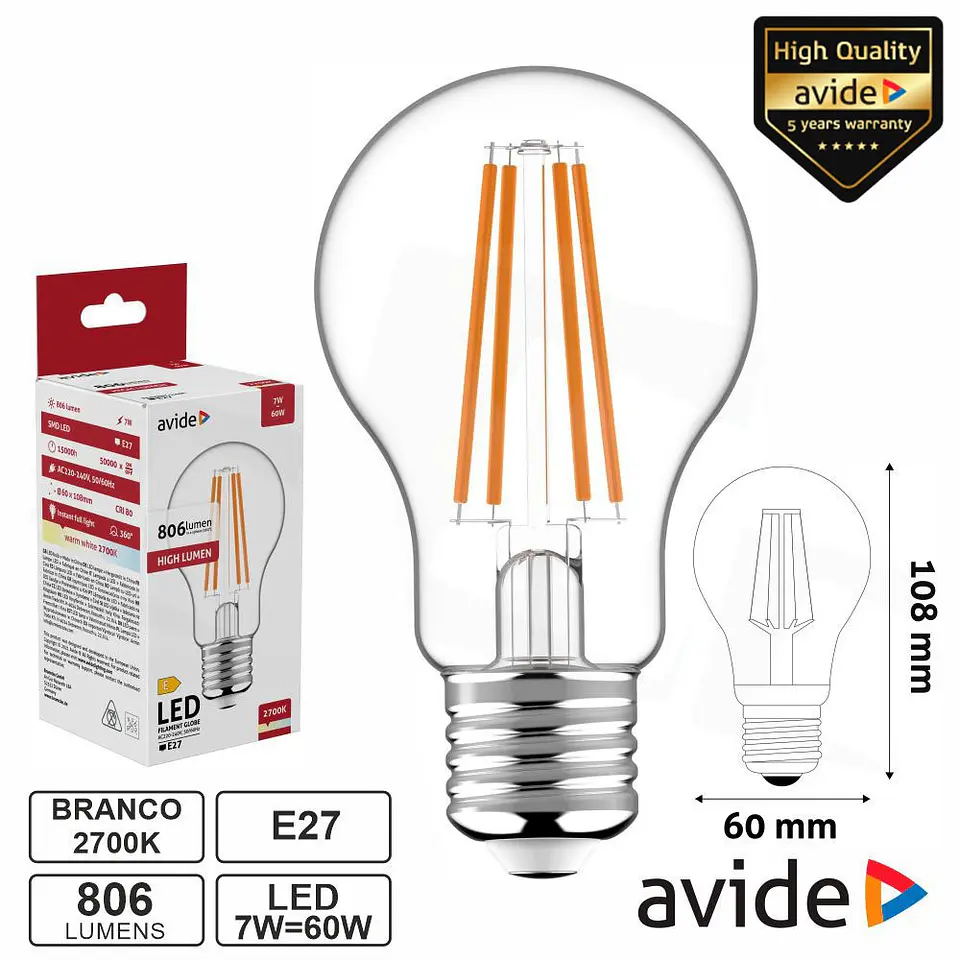 Lâmpada LED E27 Globo Filamento 7W 230V 2700K 806lm AVIDE 1