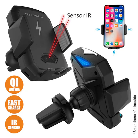 SUPORTE TELEMÓVEL C/ CARREGADOR INDUÇÃO QI 10W E SENSOR IR