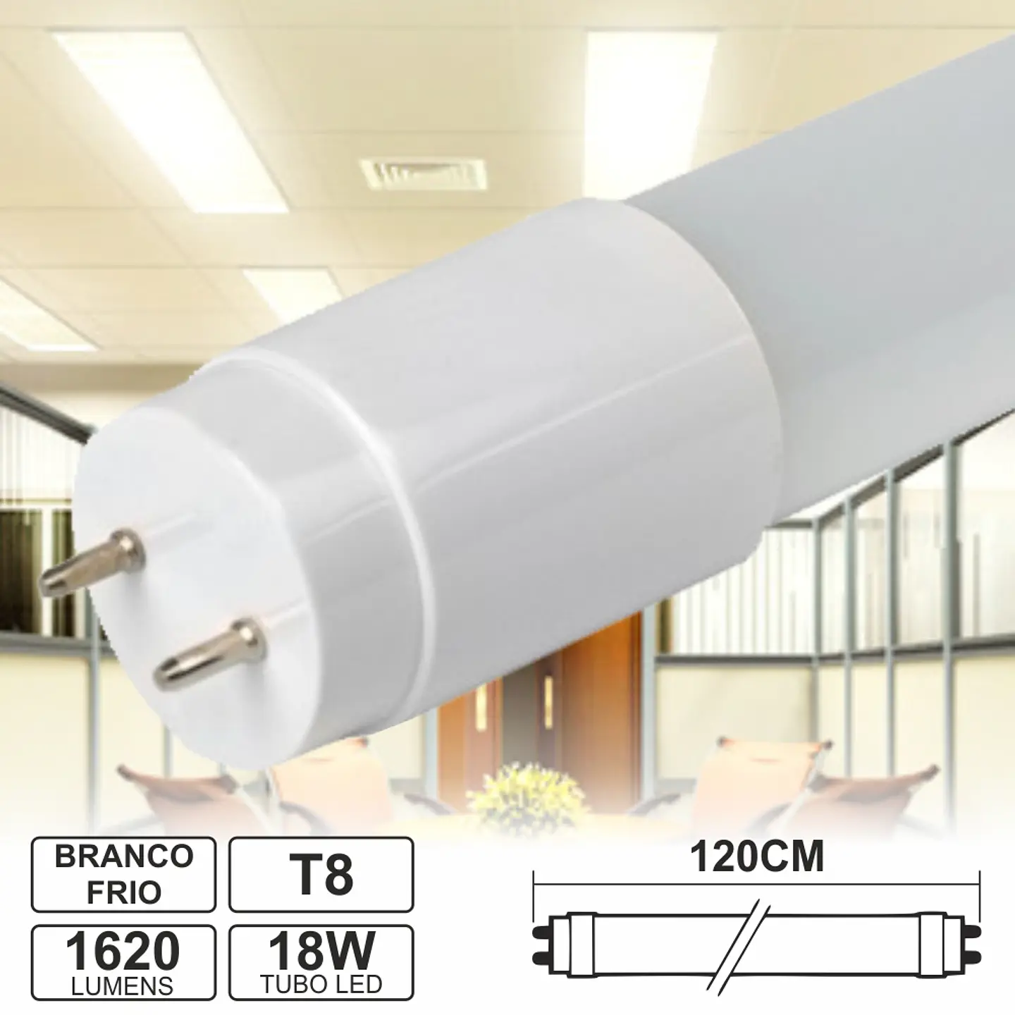 LÂMPADA TUBULAR 18W 120CM LEDS T8 BRANCO FRIO 1620LM 1