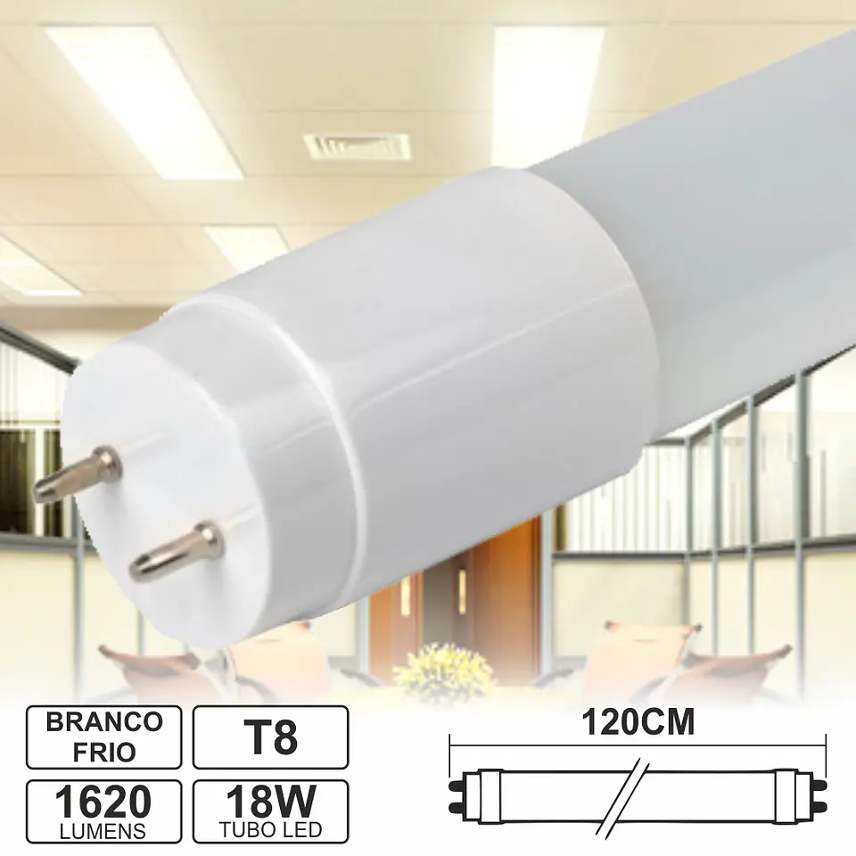 LÂMPADA TUBULAR 18W 120CM LEDS T8 BRANCO FRIO 1620LM 1