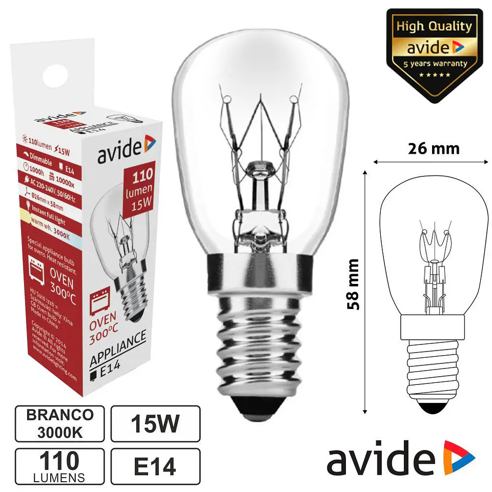 Lâmpada E14 15W 230V 300ºC P/ Fornos AVIDE 1