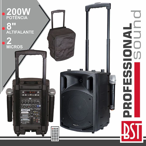 COLUNA AMPLIFICADA 8" 200Wmáx 2 MIC UHF CD/USB/BT BOLSA BST