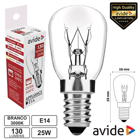 LÂMPADA E14 25W 230V 300ºC P/ FORNOS AVIDE