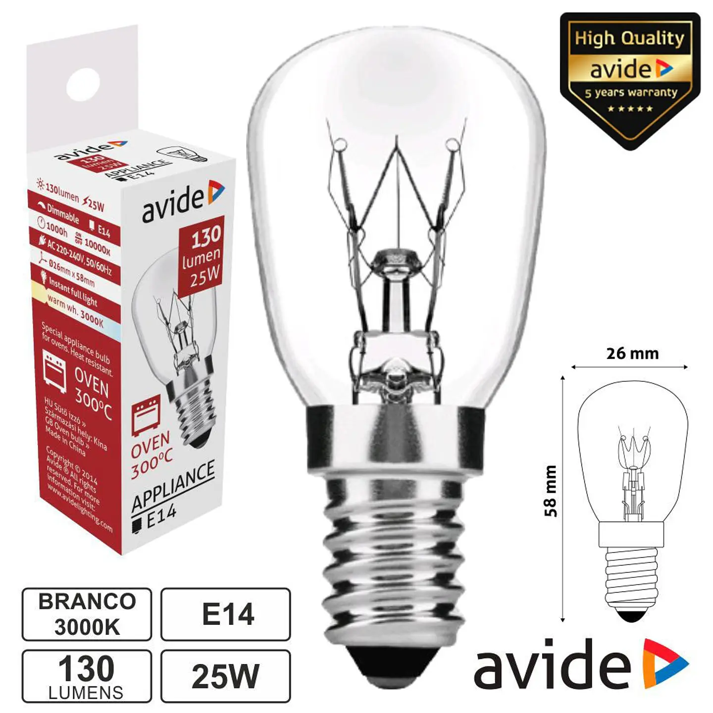 LÂMPADA E14 25W 230V 300ºC P/ FORNOS AVIDE 1