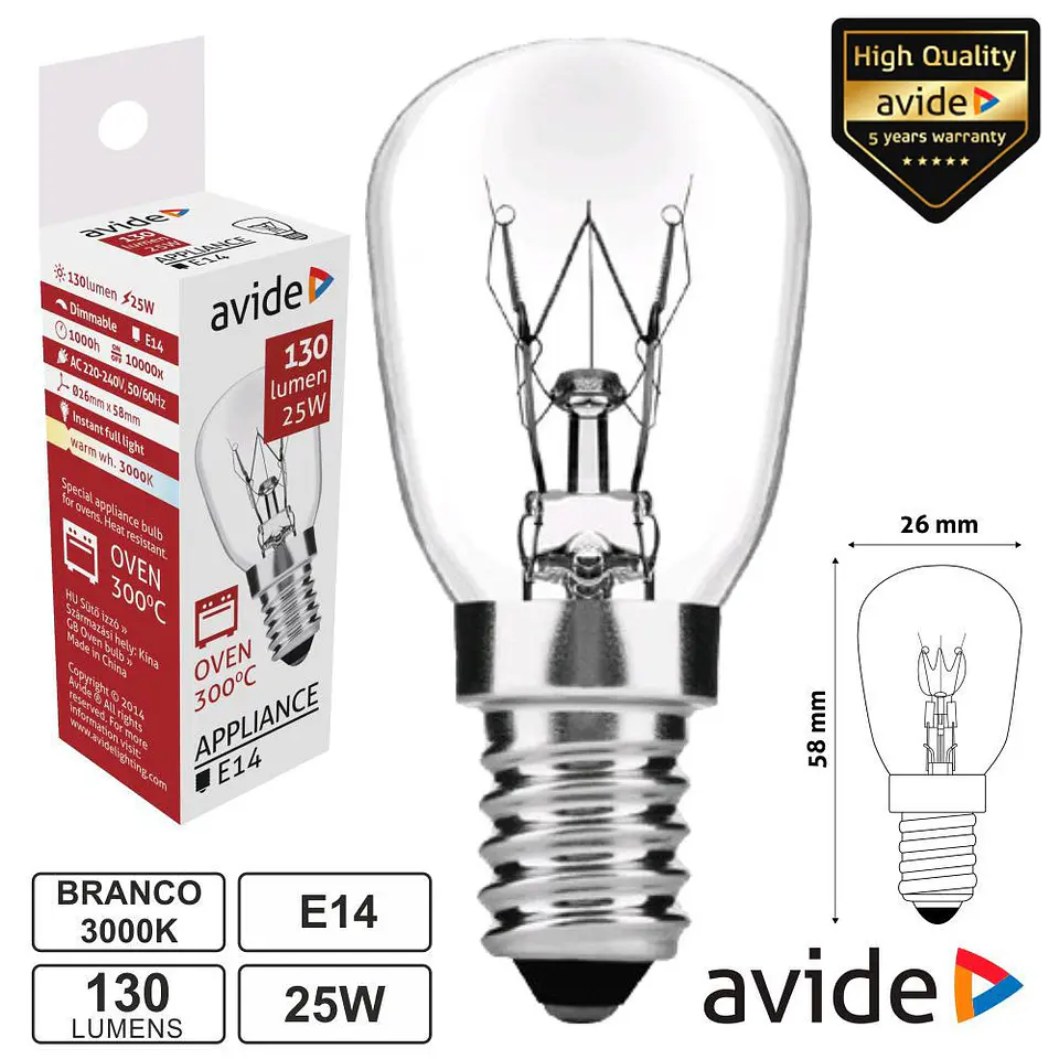 LÂMPADA E14 25W 230V 300ºC P/ FORNOS AVIDE 1