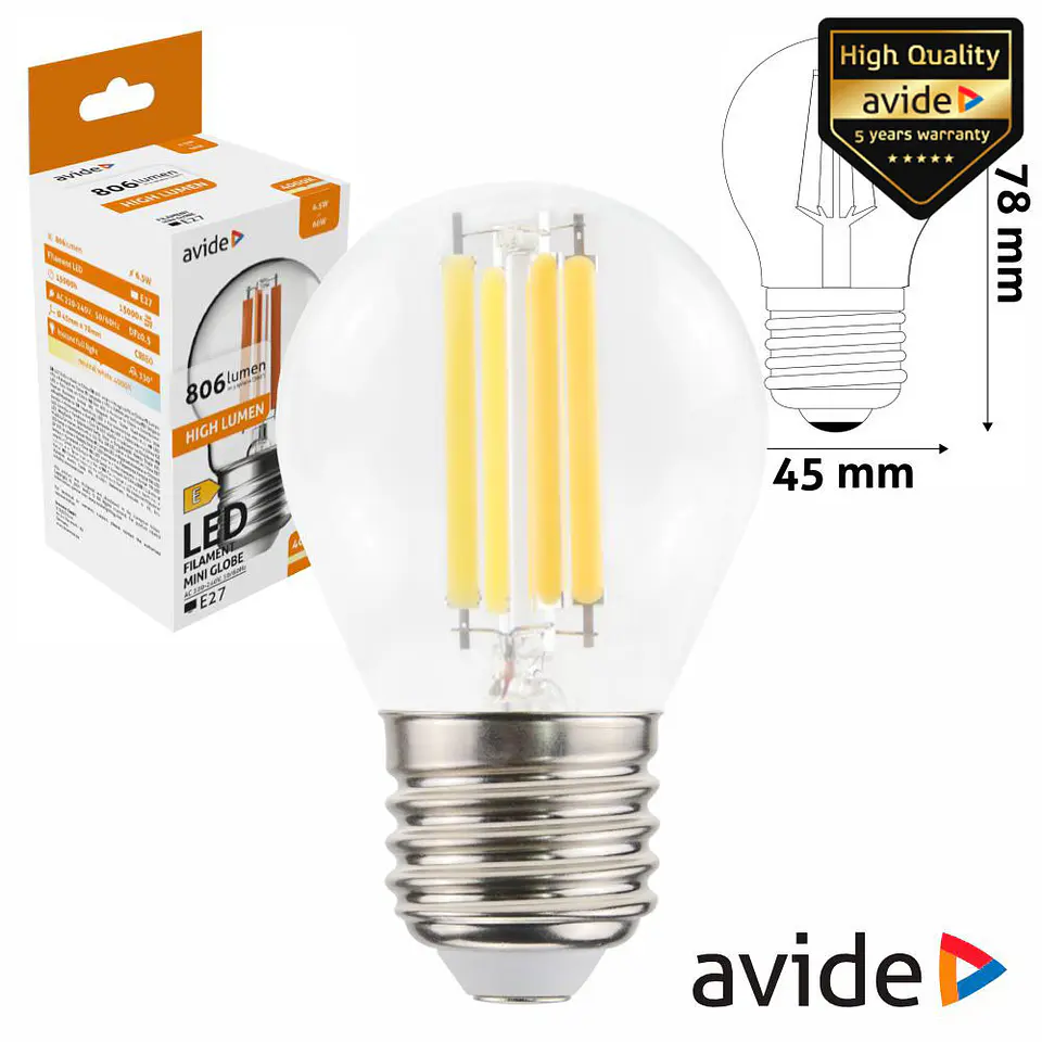 Lâmpada LED E27 Globo Filamento 6.5W 230V 4000K 806lm AVIDE 1
