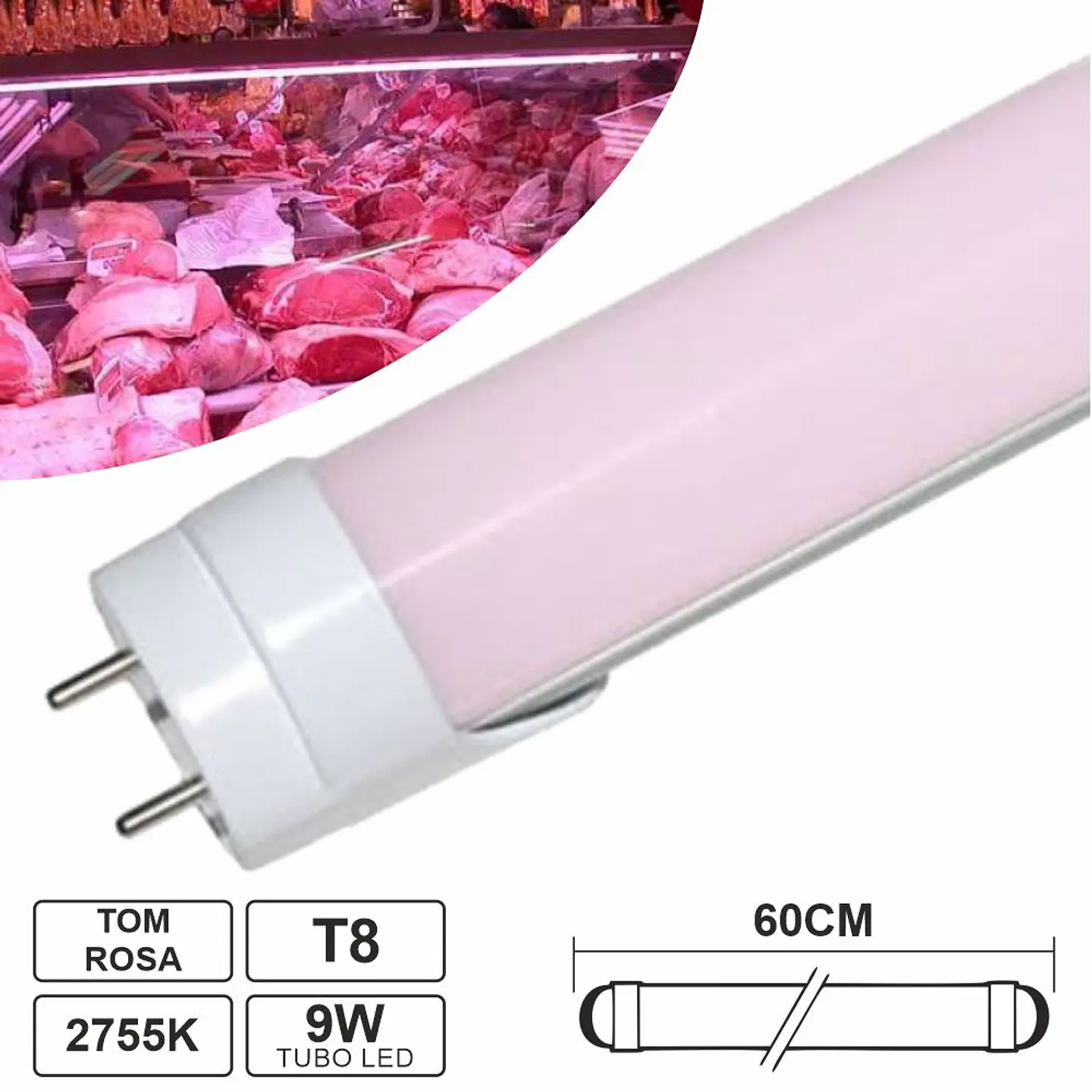 Lâmpada Tubular LED T8 9W 60cm 810LM Rosa P/ Talho 1