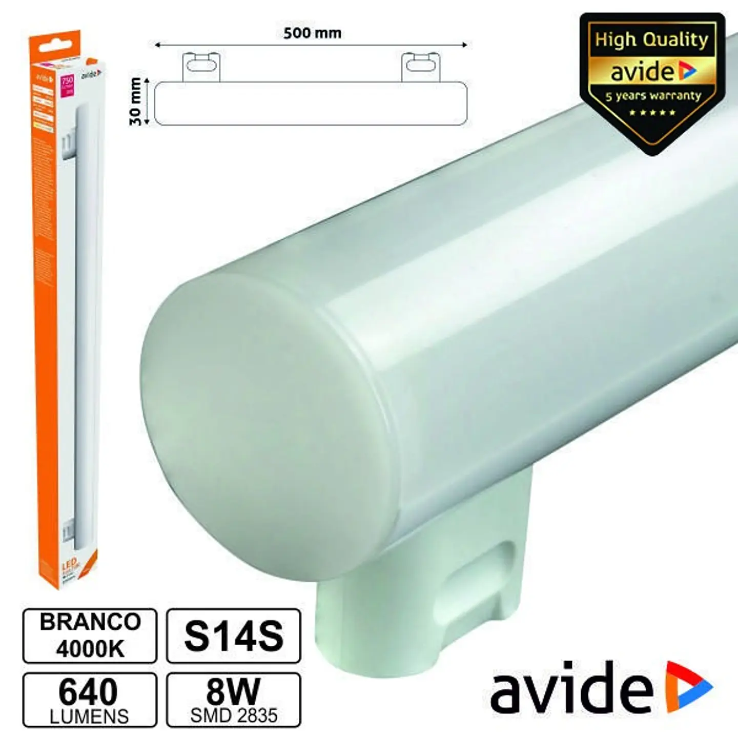 LÂMPADA TUBULAR 8W 50CM LEDS S14s 4000K 640LM AVIDE 1