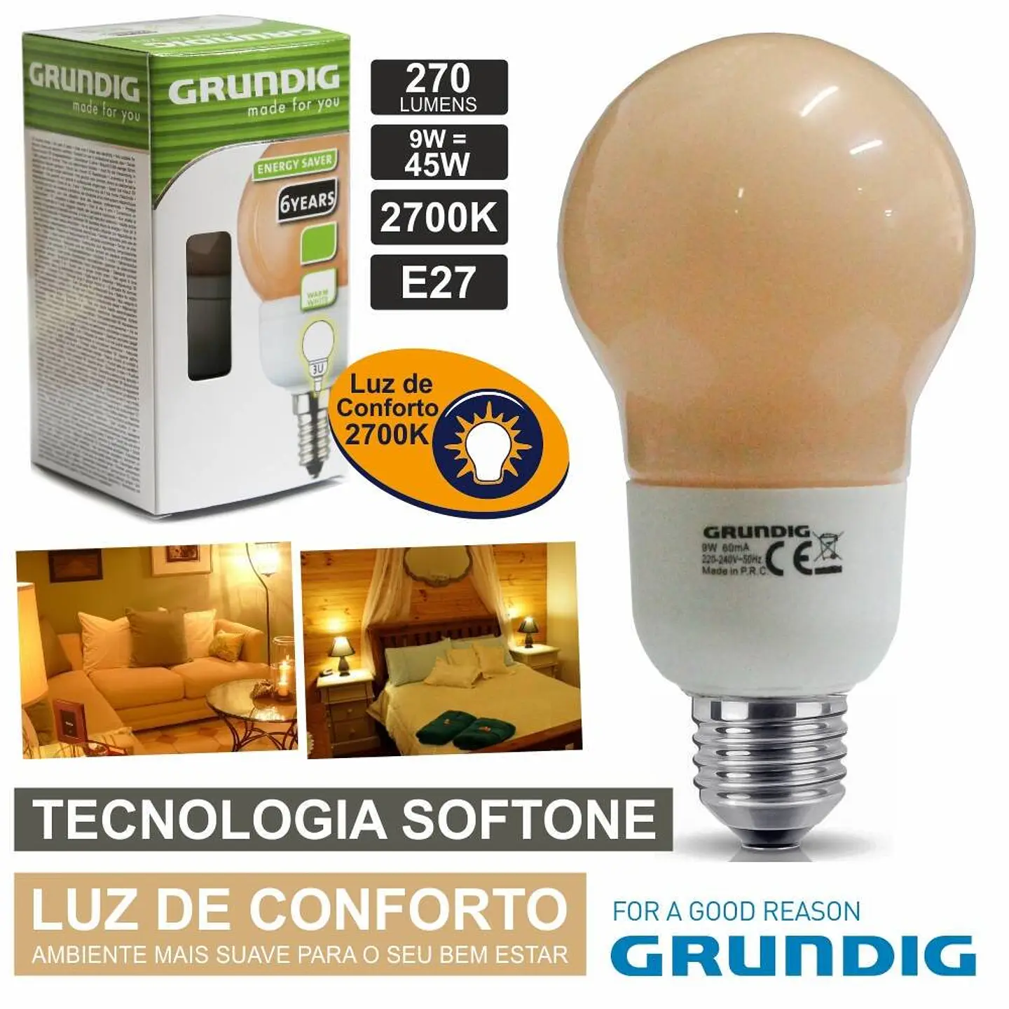LÂMPADA E27 9W=45W 230V ECO TEC. SOFTONE 270LM GRUNDIG 1