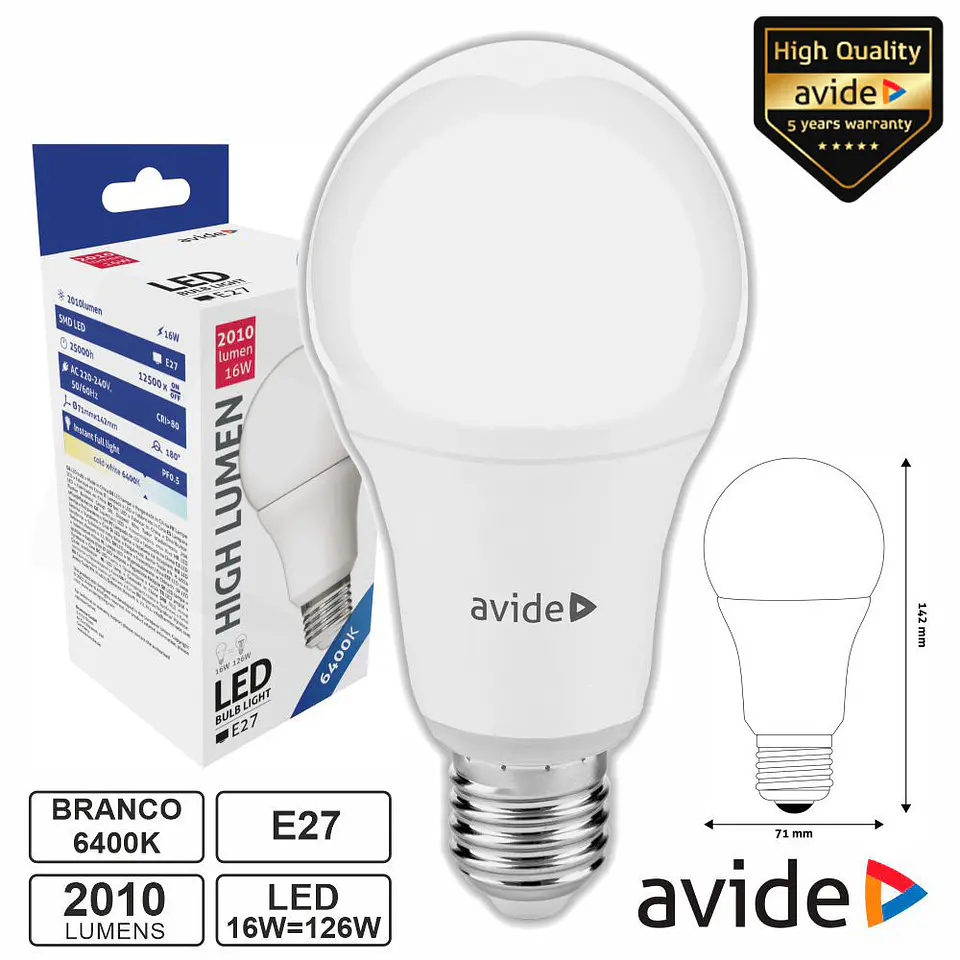 Lâmpada LED E27 Globo A70 16W 230V 6400K 2010lm AVIDE 1