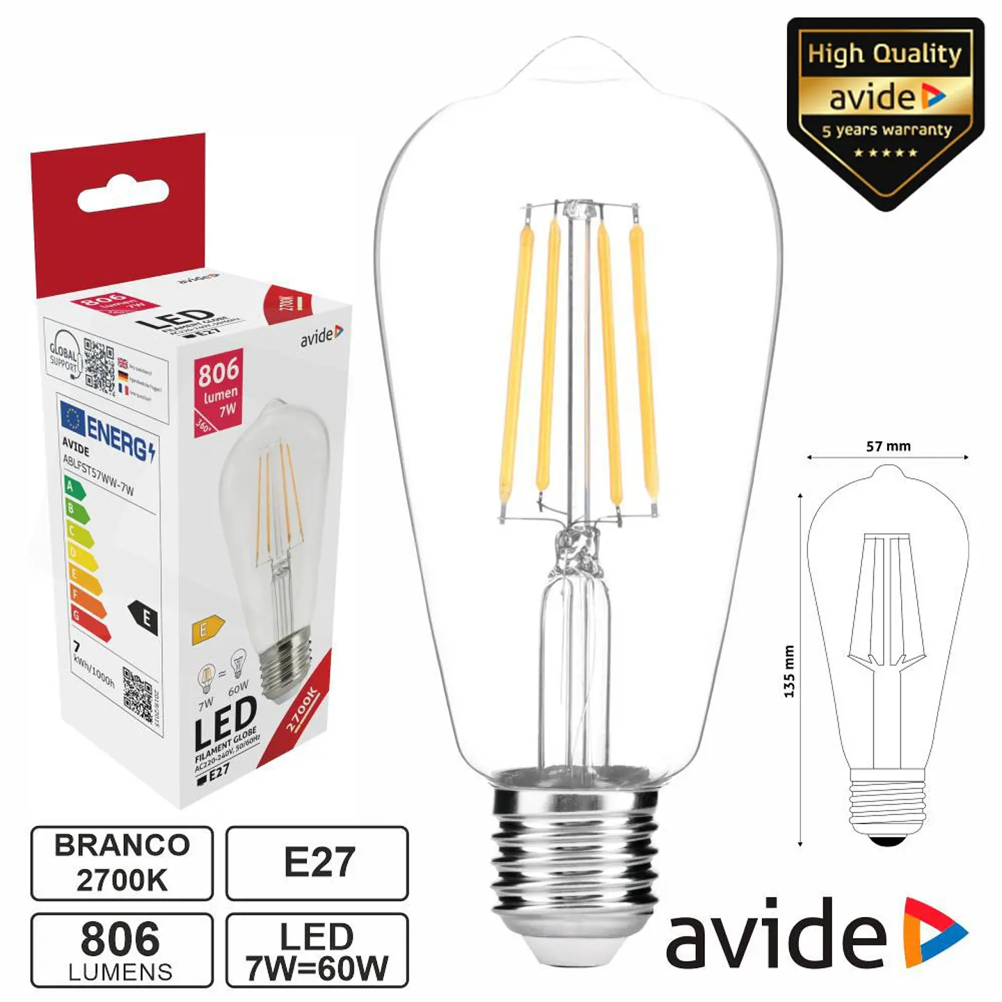 Lâmpada LED E27 ST57 Filamento 7W 230V 2700K 806lm AVIDE 1