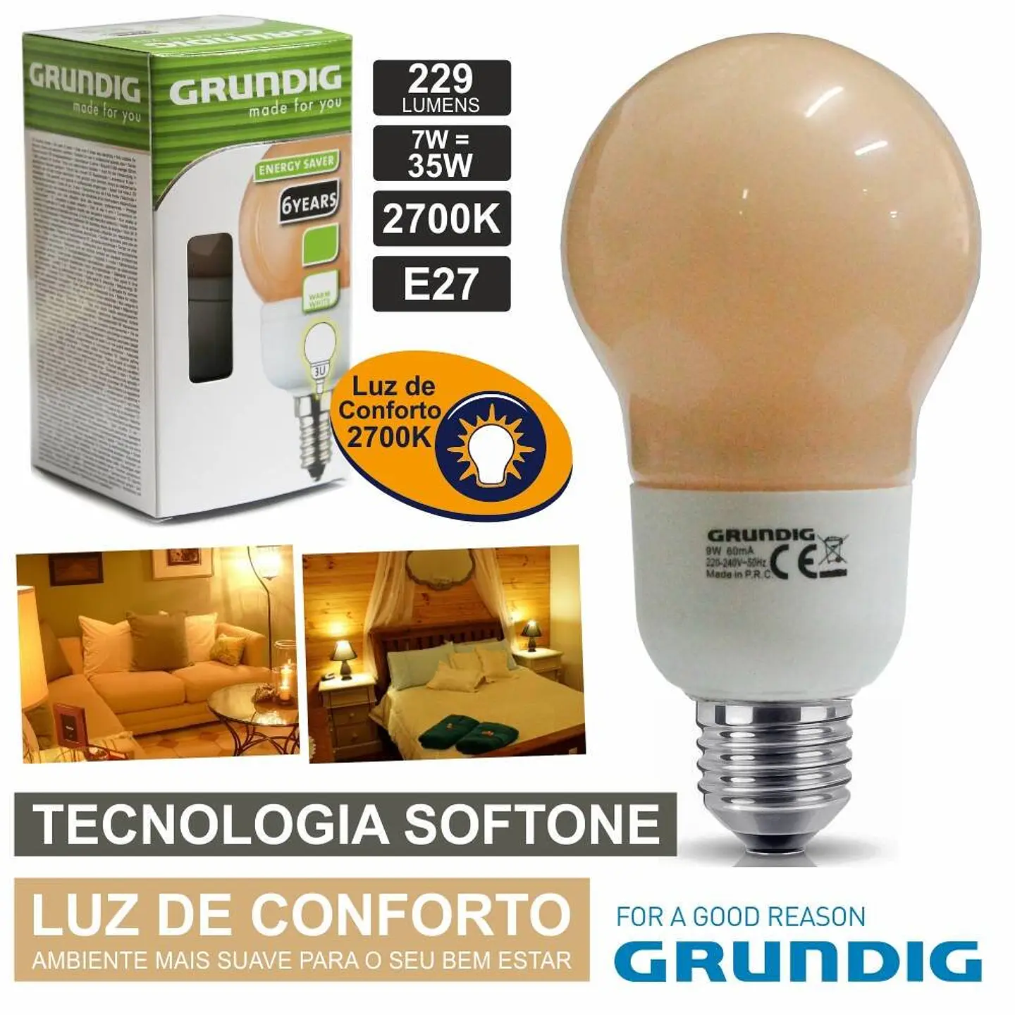 LÂMPADA E27 7W=35W 230V ECO TEC. SOFTONE 229LM GRUNDIG 1