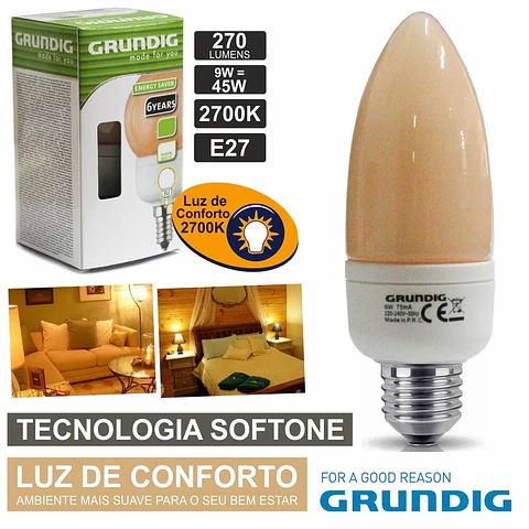 LÂMPADA E27 9W=45W 230V ECO TEC. SOFTONE 270LM GRUNDIG