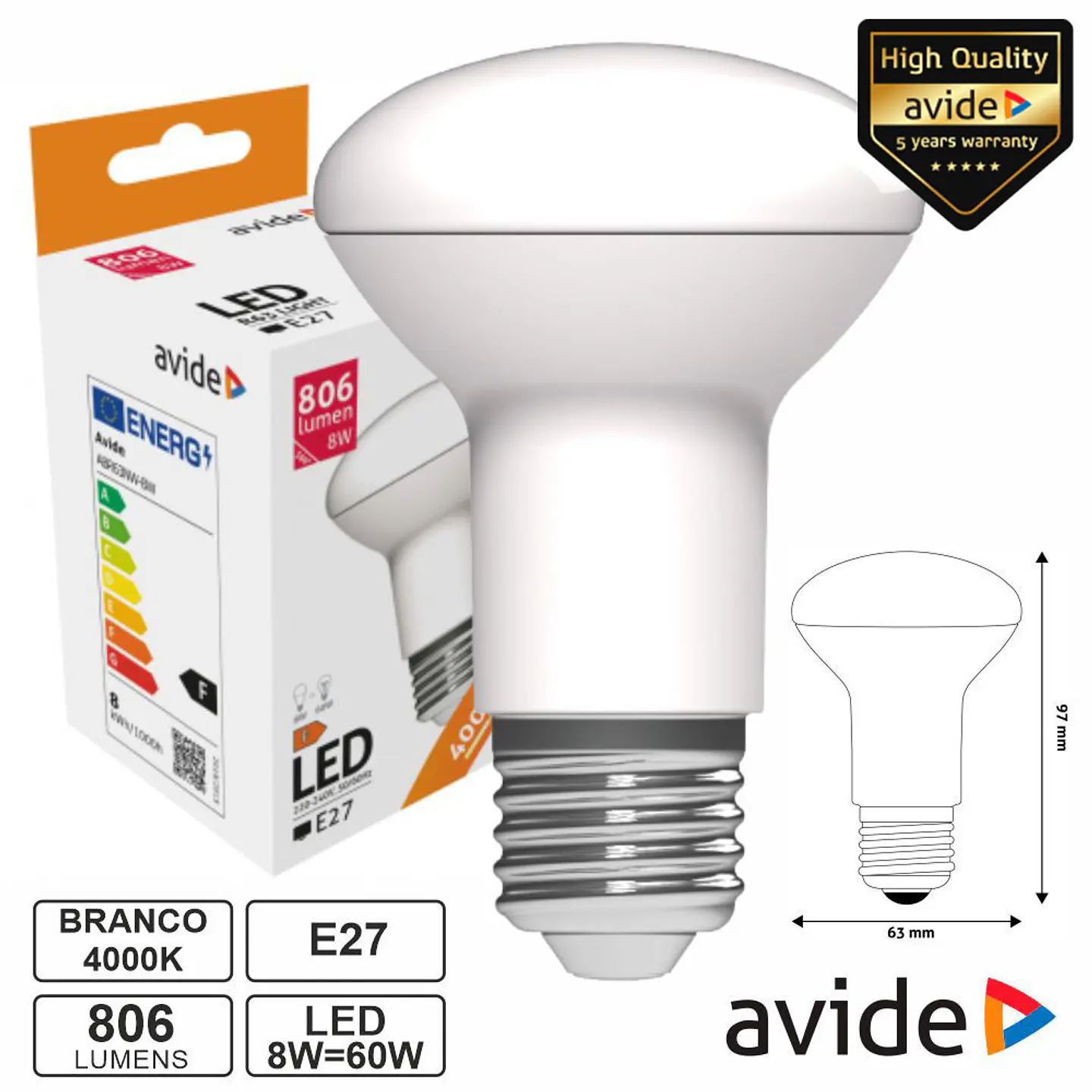 Lâmpada LED E27 R63 8W 230V 4000K 806lm AVIDE 1