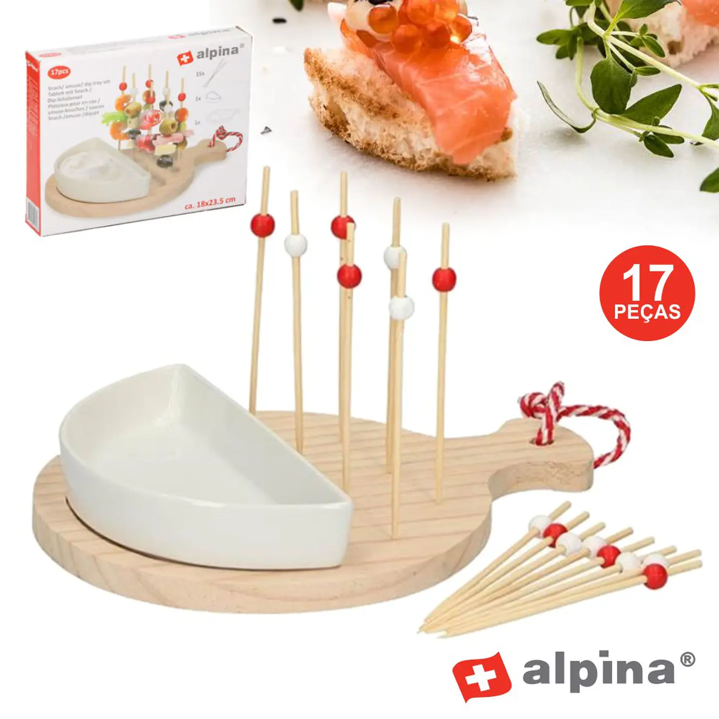 TÁBUA C/ PALITOS MADEIRA P/ SUSHI/CANAPÉS 17 PEÇAS ALPINA 1