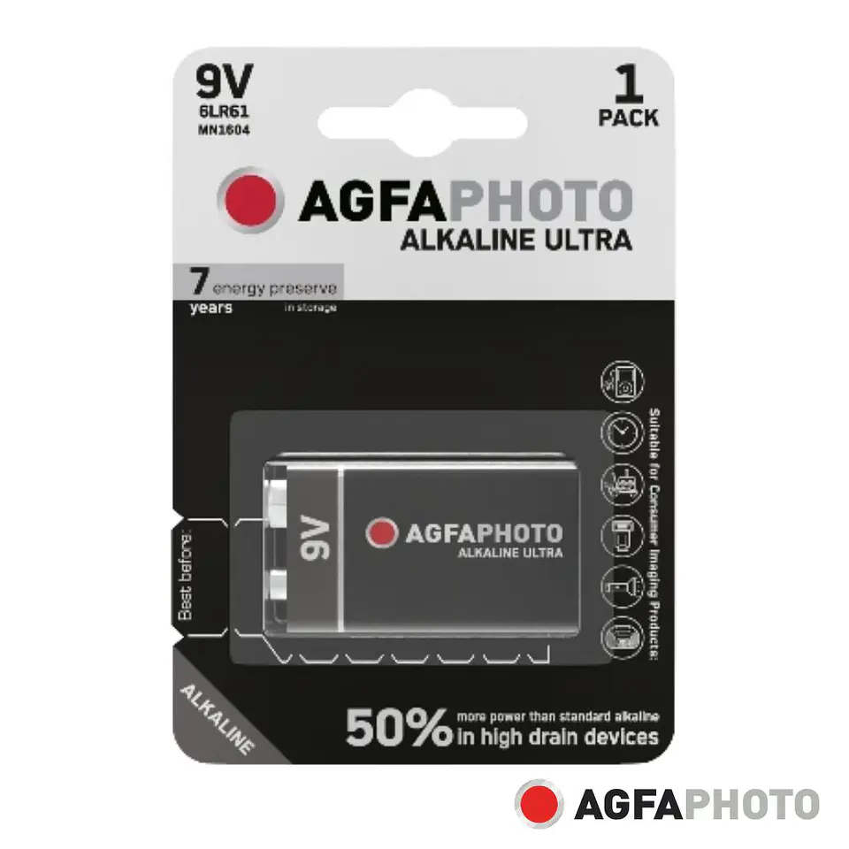 Pilha Alcalina 6LR61/9V 9V 1x Blister ULTRA AGFAPHOTO 1