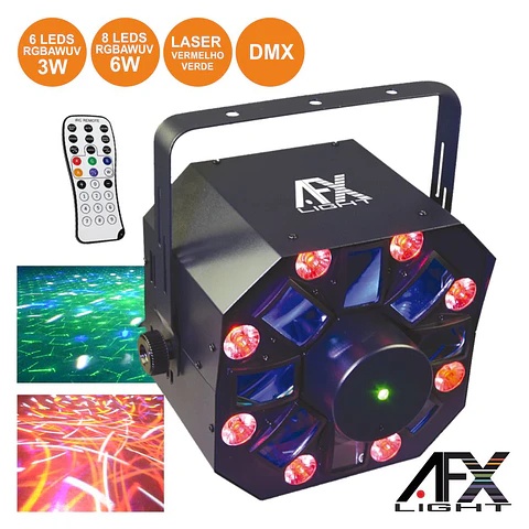 PROJETOR LUZ C/ 6 LEDS 3W RGBAW-UV +8LEDS LASER DMX AFXLIGHT
