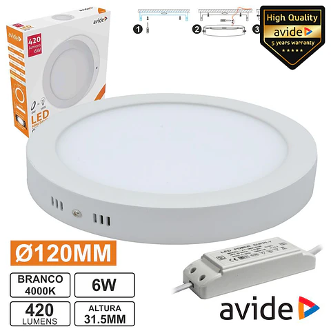 PAINEL LEDS REDONDO SUPERFÍCIE 6W 120MM 4000K 420LM AVIDE