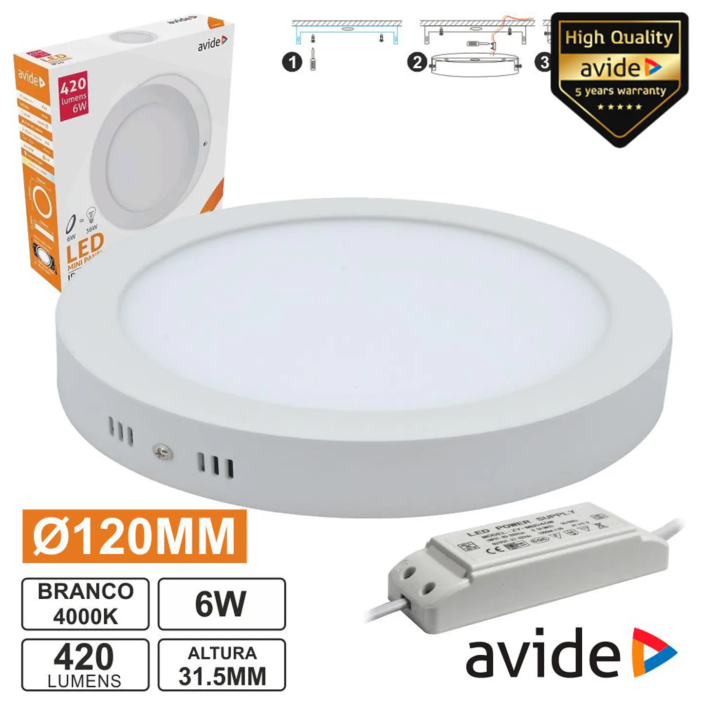 PAINEL LEDS REDONDO SUPERFÍCIE 6W 120MM 4000K 420LM AVIDE 1