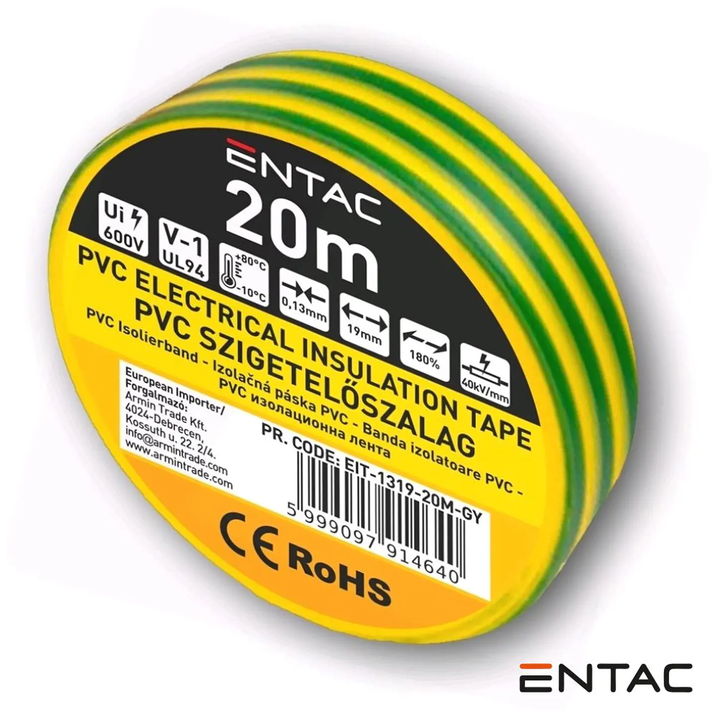 Fita Isoladora Verde/Amarelo 20M ENTAC 1