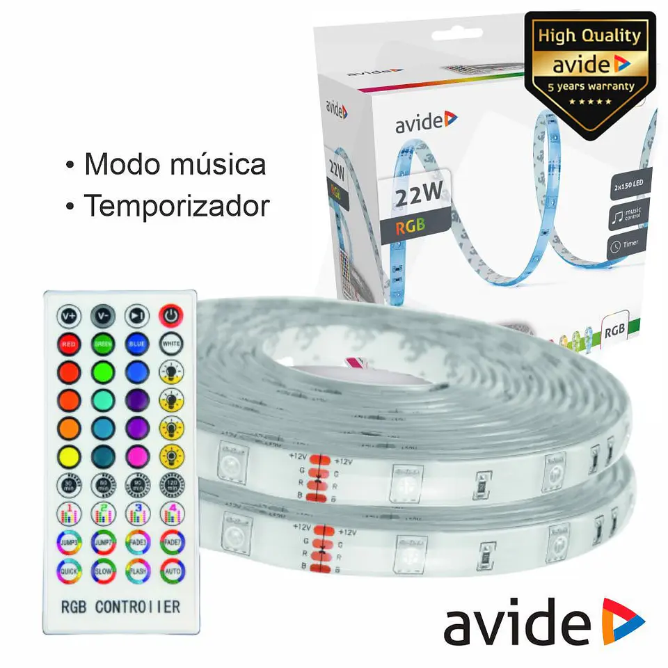 Kit 2 Fitas 150 LEDS 5050 RGB 12V 22W/m 5m IP65 AVIDE 1