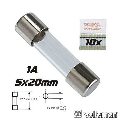 FUSÍVEL 5X20 FUSÃO RÁPIDA 1A (10X) VELLEMAN
