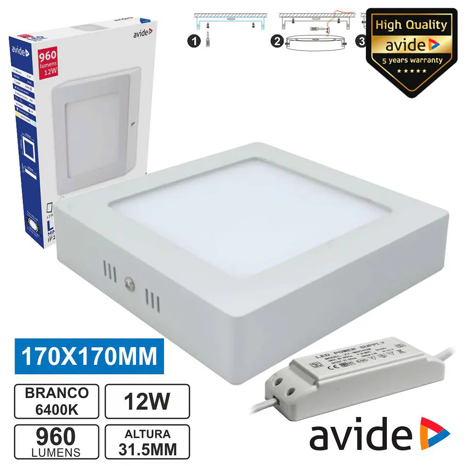 PAINEL LEDS QUADRADO SUPERFÍCIE 12W 170MM 6400K 960LM AVIDE 1
