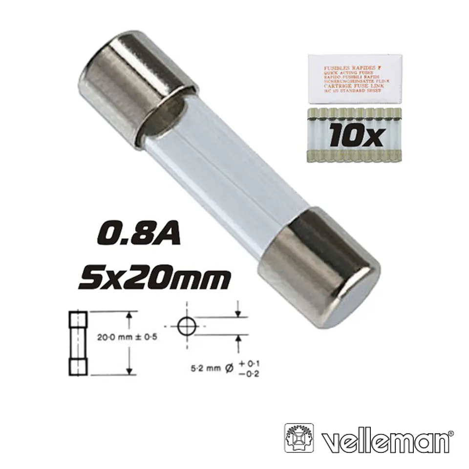 FUSÍVEL 5X20 FUSÃO RÁPIDA 0.8A (10X) VELLEMAN 1