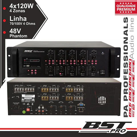AMPLIFICADOR 19" 4 ZONAS PA 100V 5 CANAIS 4X120W MP3 USB/S