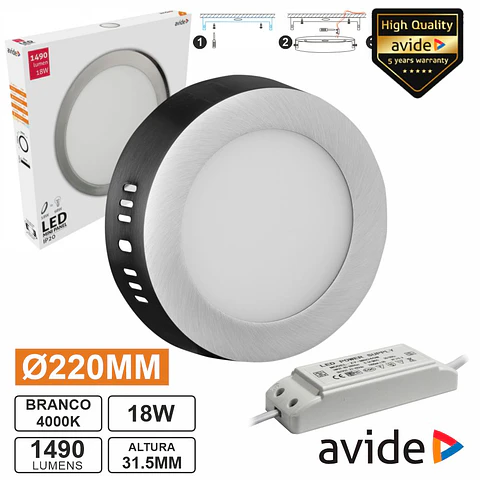 Painel LEDS Redondo Superfície 18W 220mm 4000K 1490lm AVIDE