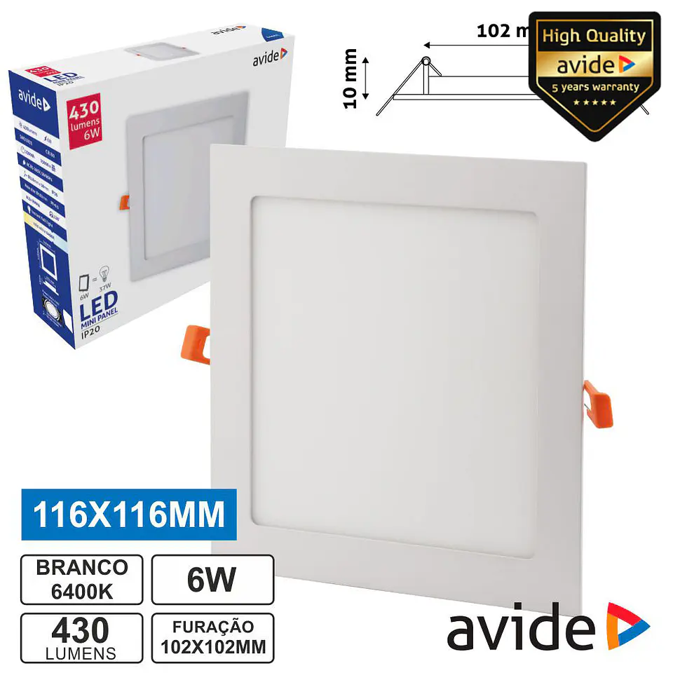 PAINEL LEDS QUADRADO 6W 116MM 6400K 430LM AVIDE 1